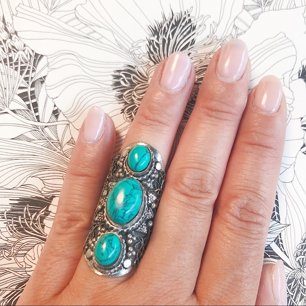Boho Style Silver Color Ring with Turquoise Color